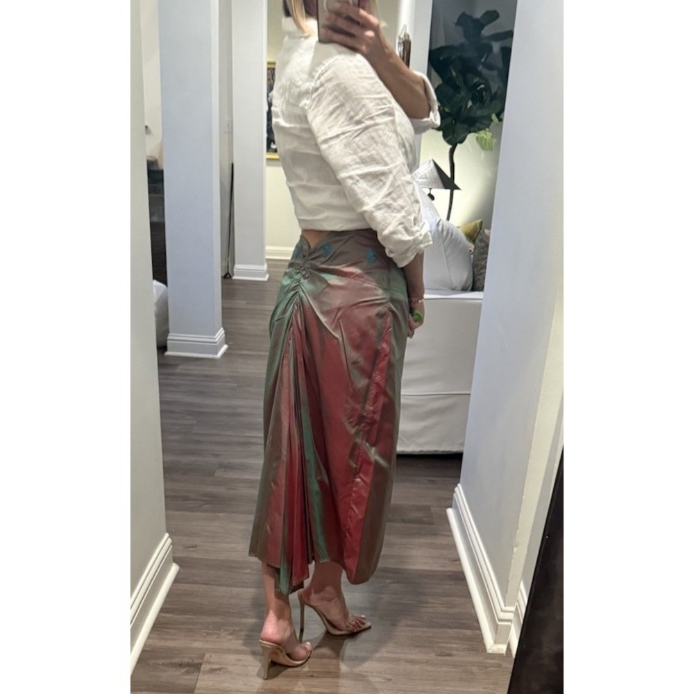 Vtg 90s Y2K Free People Silk Floral Embroidered Iridescent Midi Bussell Skirt - Picture 4 of 11